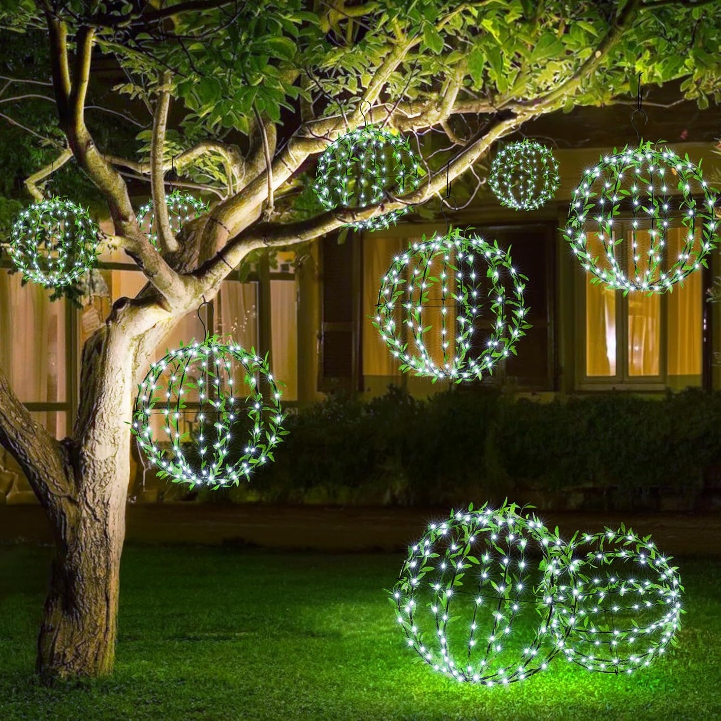 Solar Powered Hanging Iron Sphere Lights with Artificial Greenery – 12Inch 120 LED Waterproof Outdoor Decor Ball Light with Timer & 8 Modes – 2 Pack for Garden, Christmas, Weddings (Cool White)