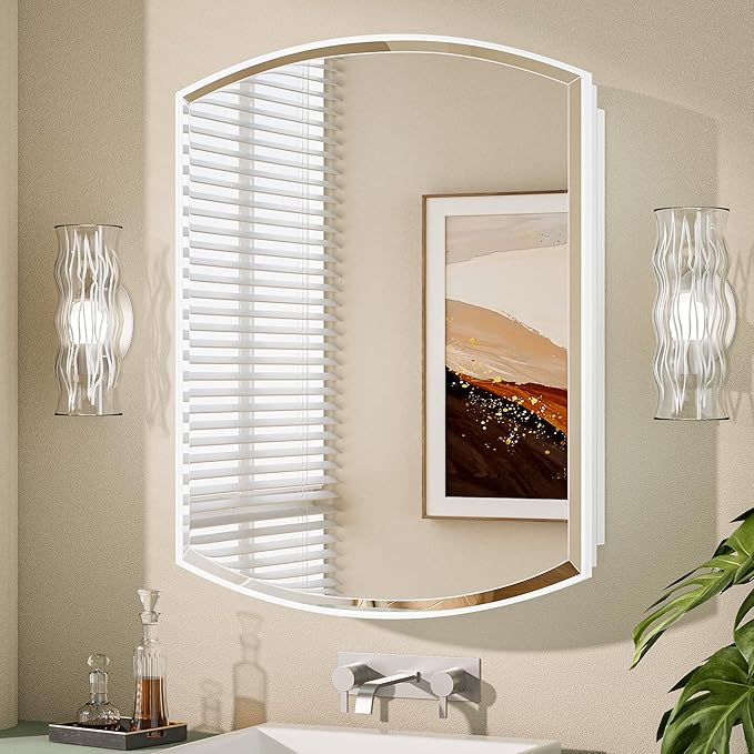 Keonjinn White Medicine Cabinet with Mirror 24” x 30”, Metal Framed Wall Cabinet with Beveled Mirror, Surface Mount or Recessed Medicine Cabinet for Bathroom, Bathroom Mirror with Storage