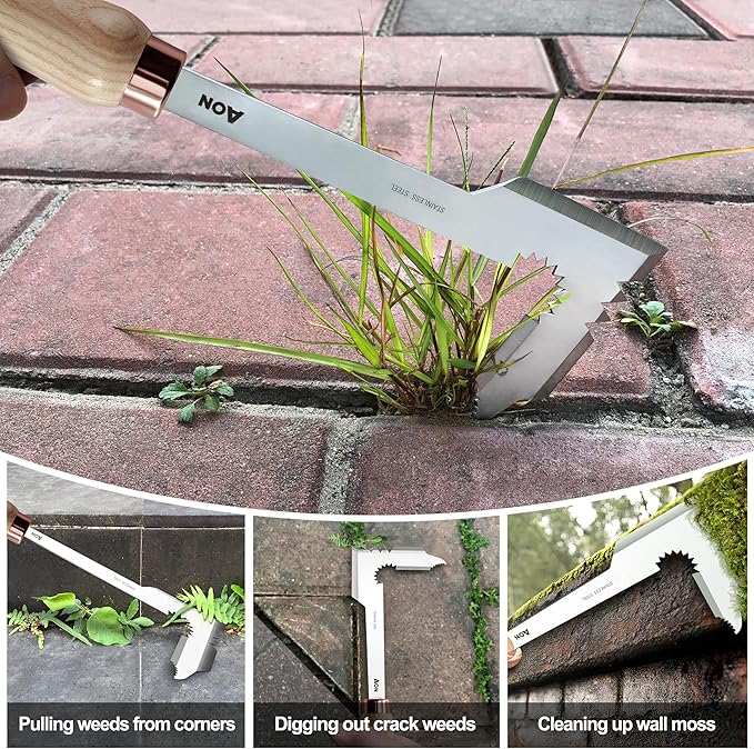 AON 2-Pack Hand Crack Weeder Puller Tool Set - Made with Heat Treated Steel and Ash Wood Ergonomic Handles, Weeding Tools Ideal for Gardens and Patio Lawns to Effectively Pull Out Weeds & Their Roots
