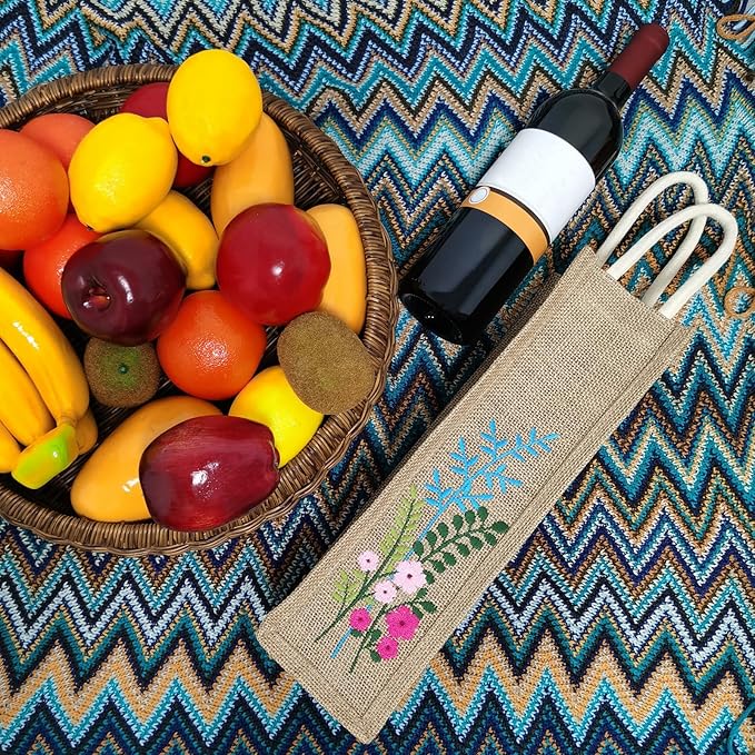 Embroidery Burlap Wine Bags, Reusable Bottle Bag for Picnic Wedding Beach Party Birthday Christmas Holiday Travel Home Storage