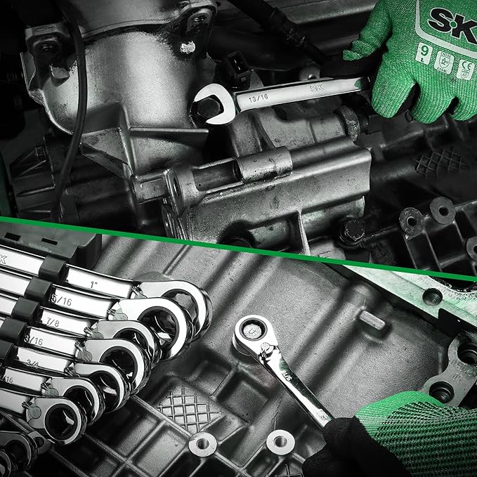 SK Reversible Ratcheting Wrench Set, Combination Wrench Set, 13-Piece, SAE 1/4" to 1", 72-Tooth, Premium CR-V Construction, with Rack Organizer