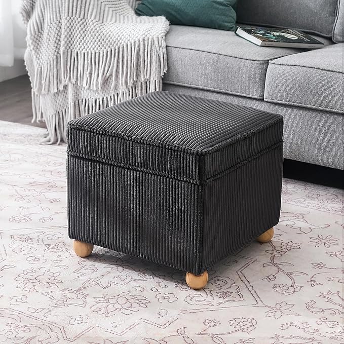 Adeco 17 Inch High Striped Flannel Black Cube Ottoman Storage, 3D Embossed Velvet Chair Foot Stools, Upholstered Vanity Stool with Hinged Lid, Solid Round Wood Legs