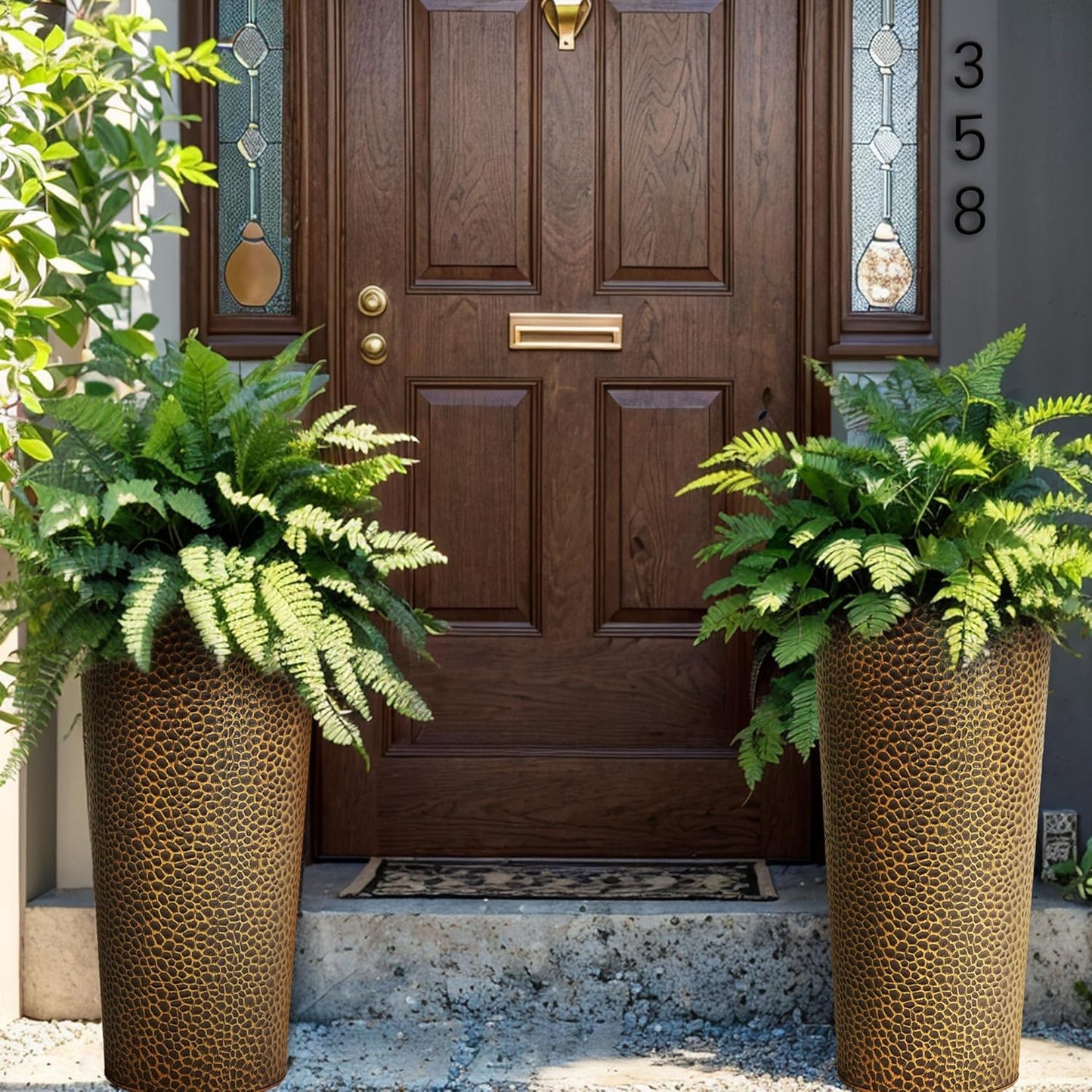 KOL 25" H. Metal Hand-Hammered Planters with Inner Pots 2-Pack, Bronze Decor Planter for Deck, Patio, Porch - Galvanized Steel Handcrafted Flower Pot - w/Water Level Indicator - Indoor Outdoor Use