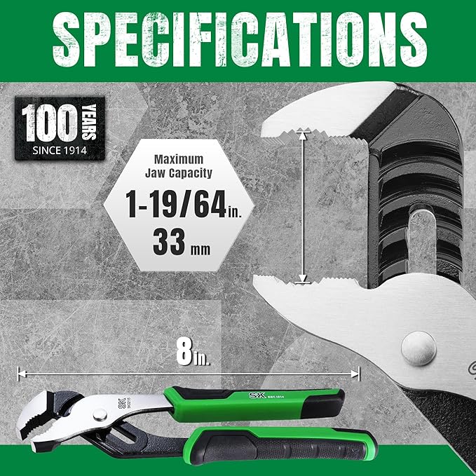 SK 8-Inch Groove Joint Pliers, Water Pump Pliers, Premium CR-V Steel Construction, Serrated Jaw with Comfortable Grips