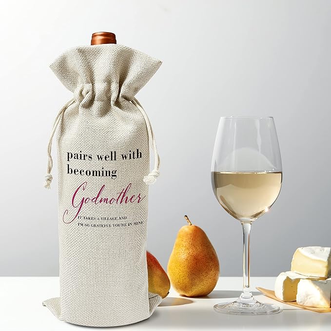 Godmother Wine Gift Bags - Gift for Godmother, Aunt, Godparent, Baptism - Reusable Burlap With Drawstring Gift Bag (5.5"x 13.5")-1 Pcs/jiu070