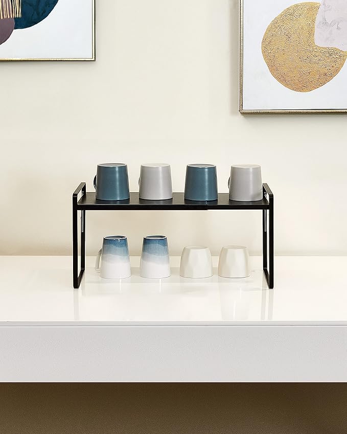 Nxconsu Cabinet Shelf Expandable Height Adjustable Organizer Riser for Kitchen Cabinet Pantry Cupboard Under Sink Countertop Organization Storage Space Saver Stackable Heavy Duty Metal Black