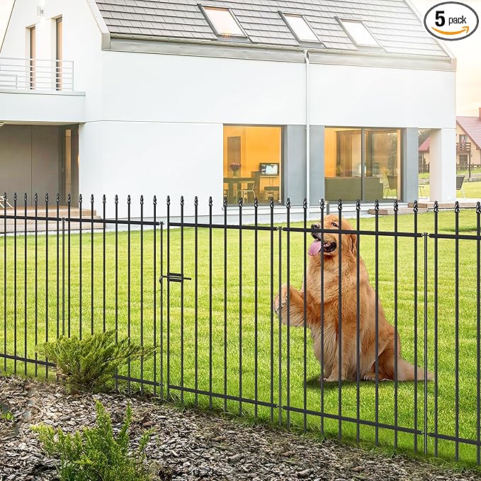 Metal Garden Fence with Gate 42 in H x 11.5 ft L, 1 Gate + 4 Panels Border Fence Panels Animal Barrier for Dogs, No Dig Garden Fencing for Yard Patio Flower Bed Lawn Outdoor, Black