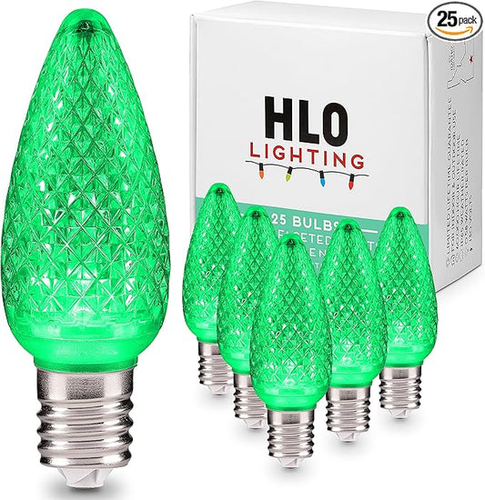 HLO Lighting Set of 25 Green C9 Faceted LED Christmas Light Bulbs for Indoor & Outdoor Use | Durable Replacement Bulb