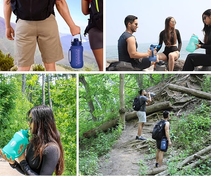 Collapsible Water Bottle for Traveling, Workout or Hiking 64oz Gen 2.0 - Motivational Water Bottle with Time Markings - Half Gallon / 2 L Capacity - BPA Free & Dishwasher Safe (Fresh Teal + Filter)