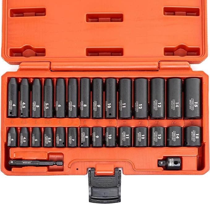 NEIKO 02481A 1/4" Drive Impact Socket Set, 30 Piece, Metric Sizes 4 – 15 MM, Deep and Shallow Sockets, Chrome Vanadium Steel, 3/8” to 1/4” Reducer, Hex Shank Socket Impact Adapter, Socket Wrench Set