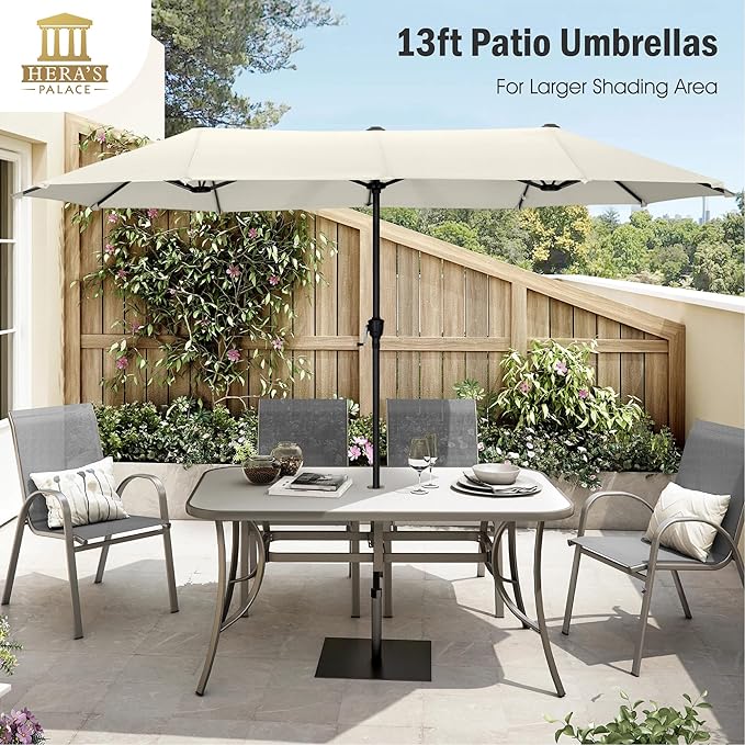 HERA'S PALACE 13 Ft Double-Sided Twin Patio Umbrella, Outdoor Double Sided Market Patio Umbrella with Crank, Powerful UV Protective (Ivory)