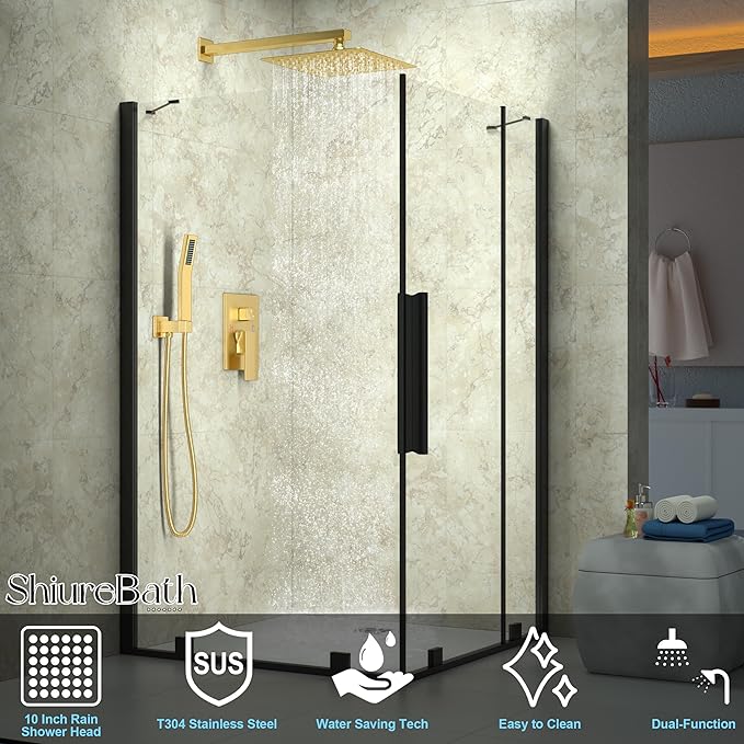 10 Inch Shower Faucet Set, Rainfall Shower System with Square Fixed Shower Head and High Pressure Handheld Shower Head, Spray Wall Mounted Rainfall Shower Fixtures, Brushed Gold