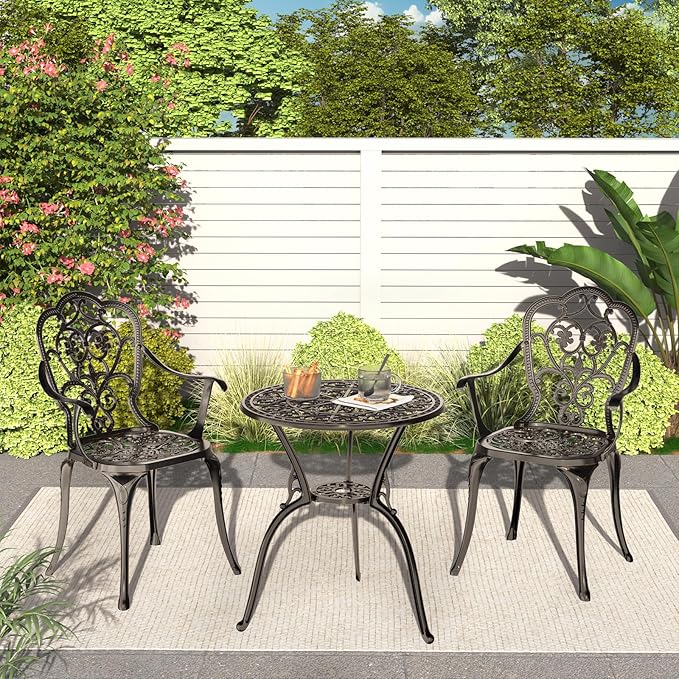 Patio Bistro Set of 2, Cast Aluminum, Outdoor Set w/Umbrella Hole, 3 Piece Table and Chairs Set, Bistro Set for Backyard/Garden/Lawn, Bronze