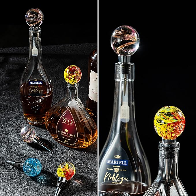 Murano Glass Wine Stopper Bottle Stopper - Wine Saver, Reusable Wine Corks for Beverage, Stainless Steel Wine Stopper For Gifts, Bar, Holiday Party, Wedding