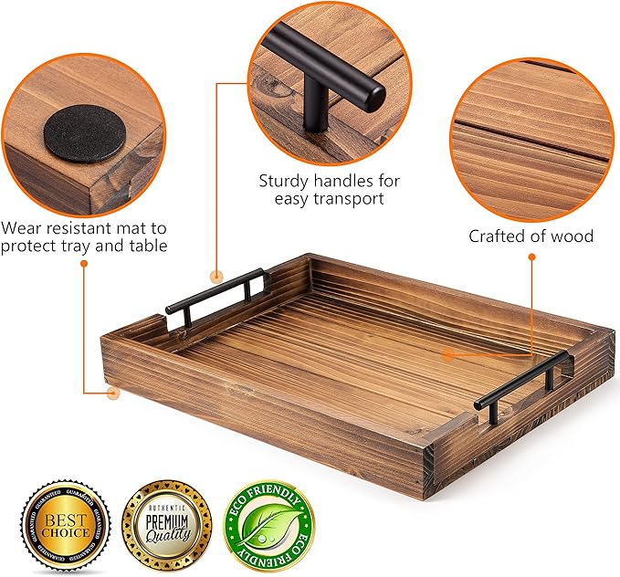Ottoman Tray | Decorative Coffee Table Tray with Handles - Wooden, 17x13 Inch - Includes 4 Coasters - Ideal for Ottoman, Breakfast