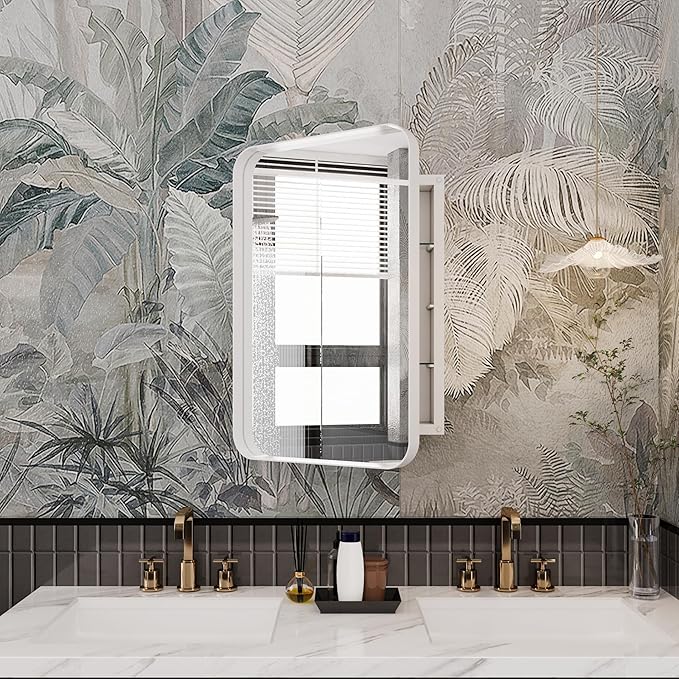 16x24 Inch Recessed Medicine Cabinet with Mirror and Adjustable Shelves,Wall Mounted Mirror Cabinet with Black Metal Framed and Storage for Bathroom (White)