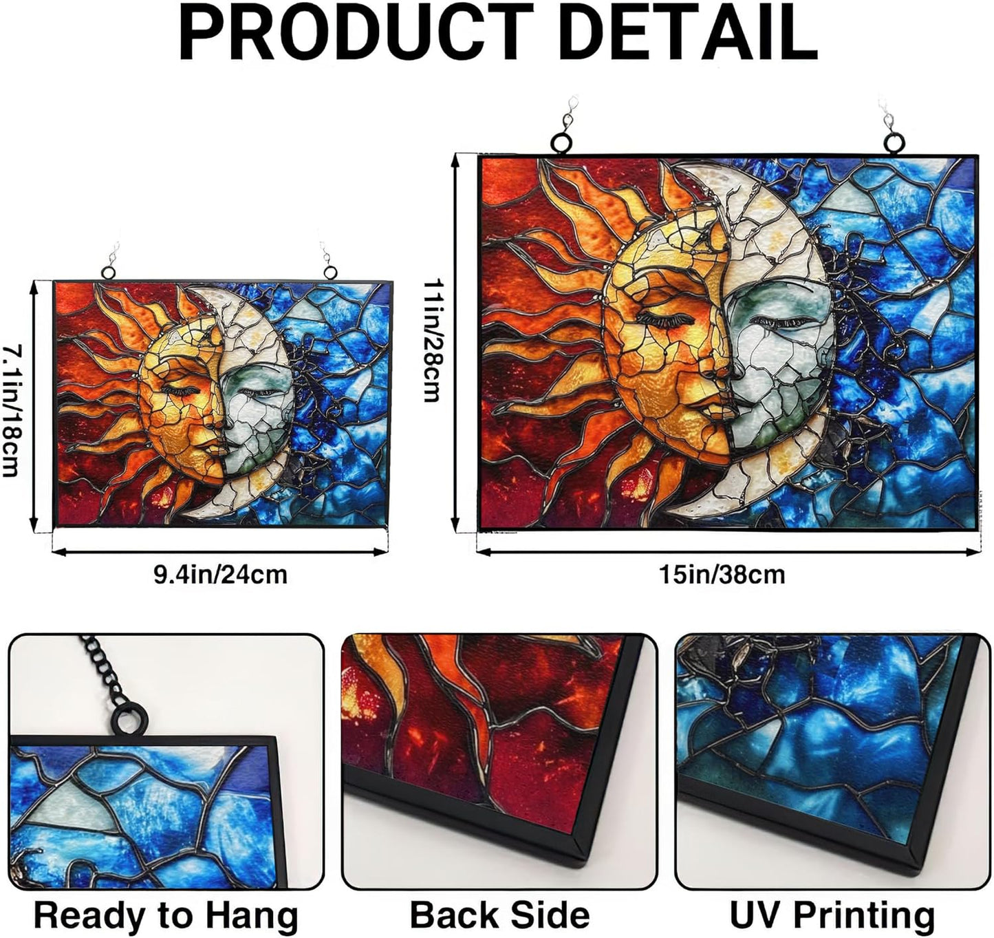 Rectangle Sun and Moon Suncatchers for Windows, Stained Glass Window Hangings,Hand-Painted Glass Panel Perfect for Home Décor