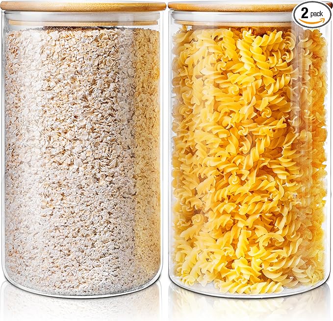 Extra Large Glass Flour and Sugar Storage Containers with Airtight Lids,132 floz x2 [Set of 2] Big Glass Jars with Bamboo Lids, Air Tight Food Storage Jars for Cereal, Pasta, Rice, Coffee
