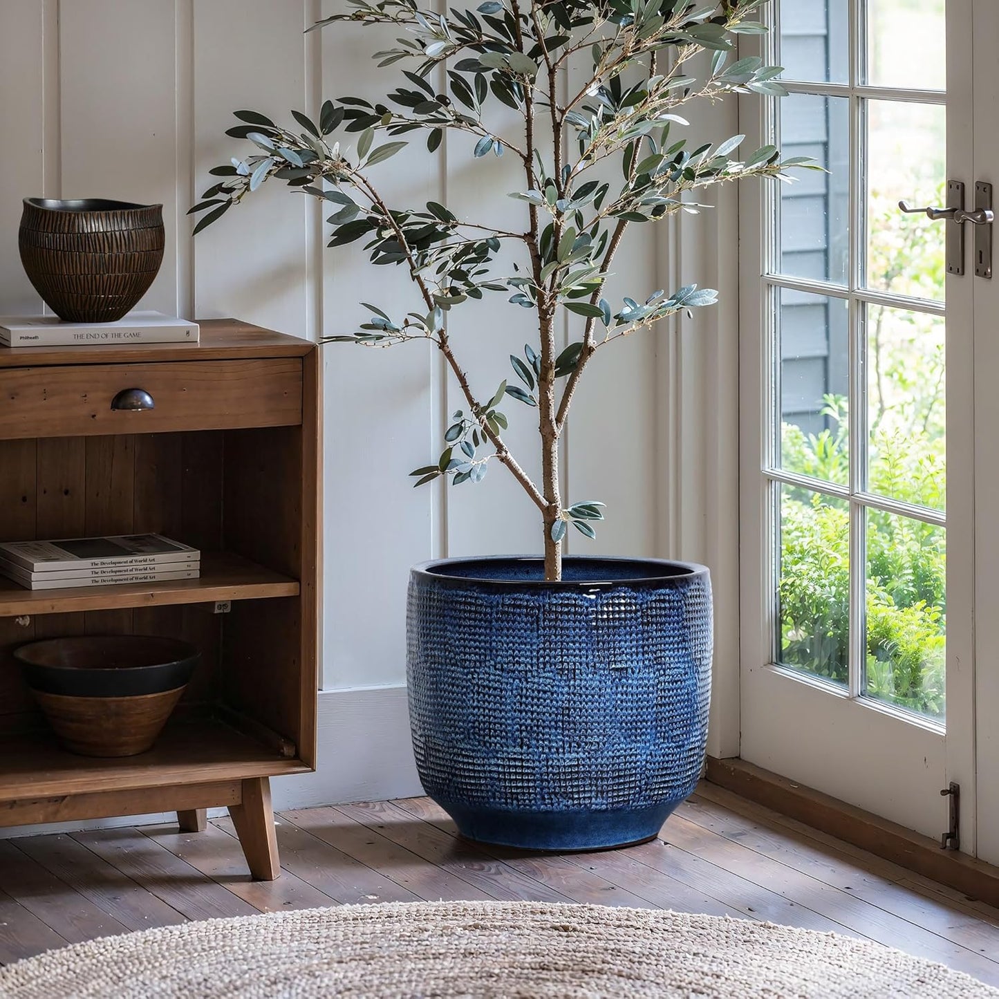 LuxenHome 15.5-Inch Dia Ceramic Planters, Large Outdoor Indoor Plant Pots with Drainage Hole and Rubber Plug, Modern Ocean Blue Glazed Round Flower Pot Planters for Home Garden Patio