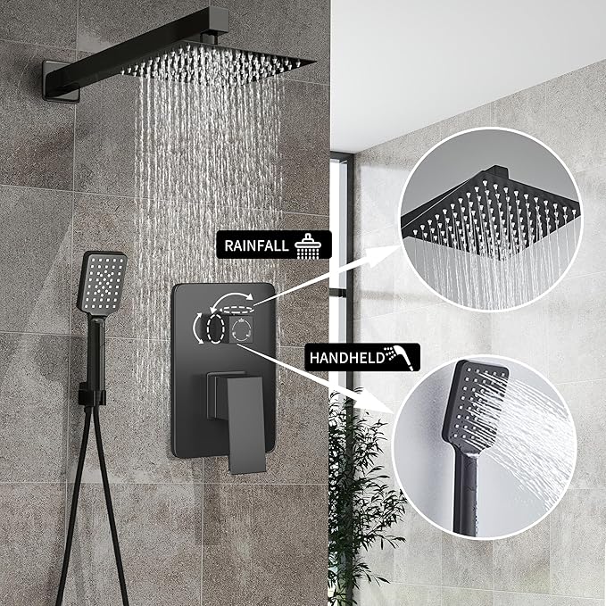 Shower Head Matte Black, Shower Faucet Set Bathroom Shower System with 8 inch Square Rain Shower Head Wall Mounted with 3-Setting Handheld Spray, Rainfall Shower Combo Set