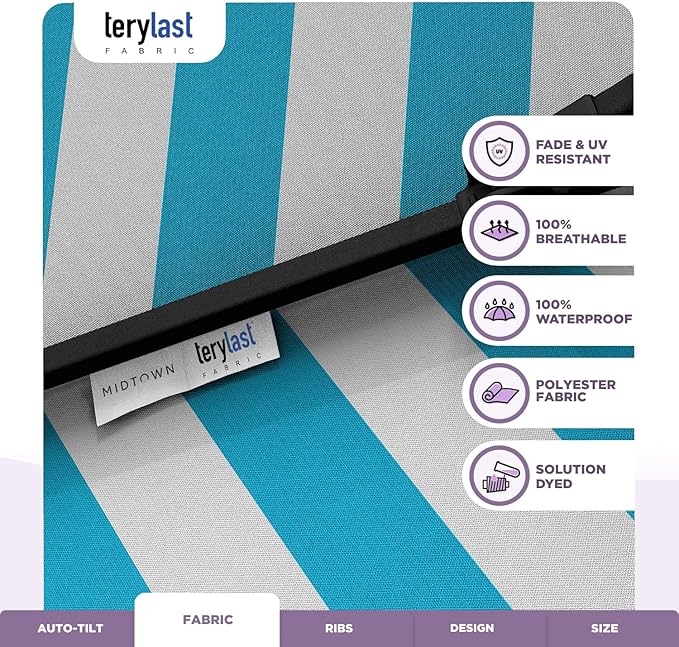 Midtown Umbrellas The Lean 10 Feet Outdoor Umbrella With Terylast Cobalt Stripes (Blue/White Stripes) Polyester Fabric - Auto-Tilt Aluminum Frame Patio Umbrella For Deck, Garden, Pool - Black Pole