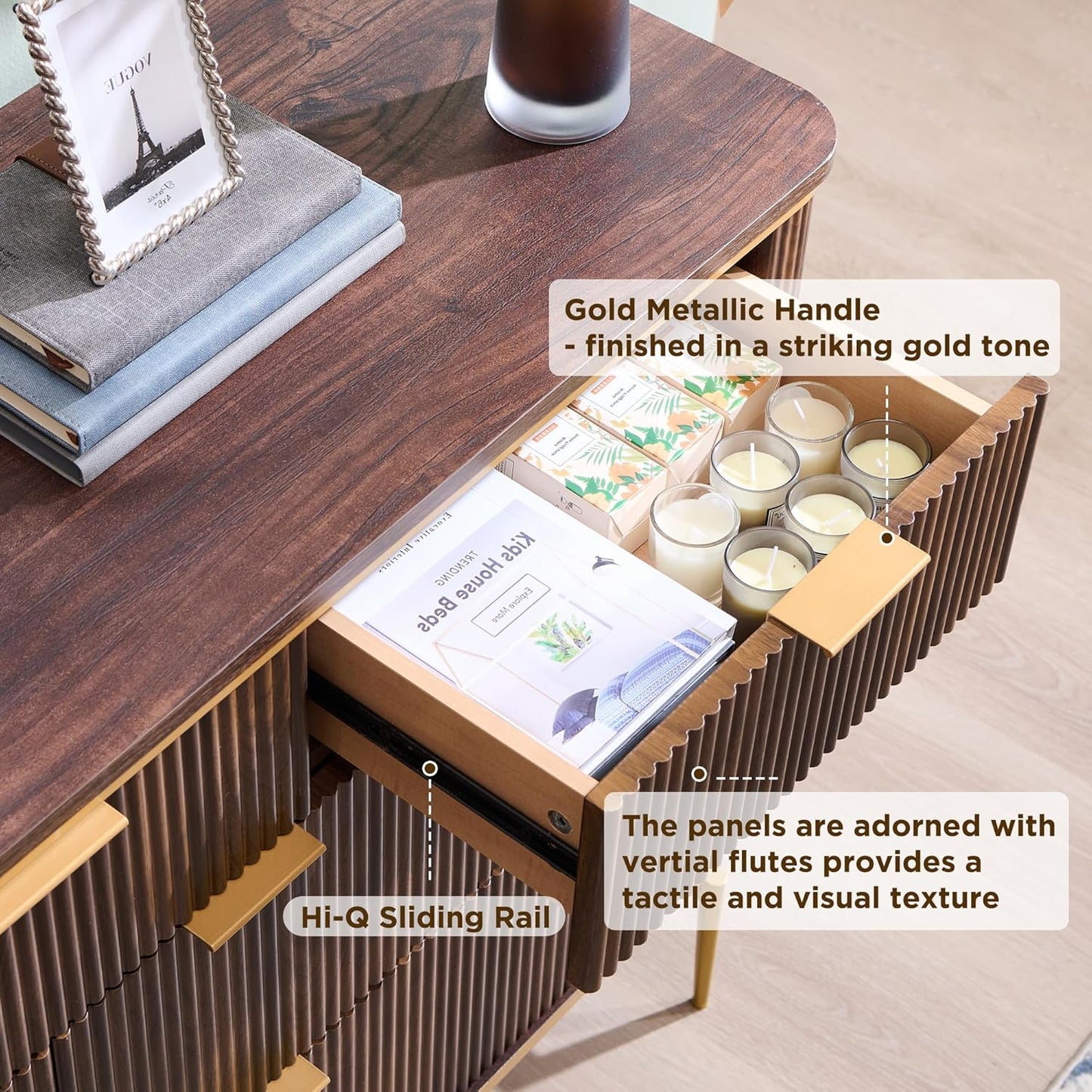 T4TREAM Fluted 7 Drawers Dresser for Bedroom, 54" Wide Modern Dresser TV Stand, Gold Accents, Fluted Fronts, Wood Storage Dressers Organizer for Bedroom, Living Room, Dark Walnut