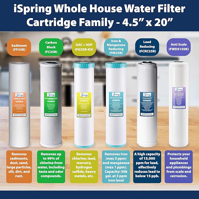 iSpring F2WGB22BPB 4.5” x 20” 2-Stage Whole House Water Filter Replacement Pack Set with Carbon Block and Lead Reducing Cartridges, Fits WGB22B-PB, white