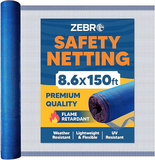 Fire Retardant Debris Safety Netting (8.6' x 150' - Blue) - High Visibility Construction & Scaffolding & Railing & Elevator Netting for Enhanced Safety - Construction Fencing