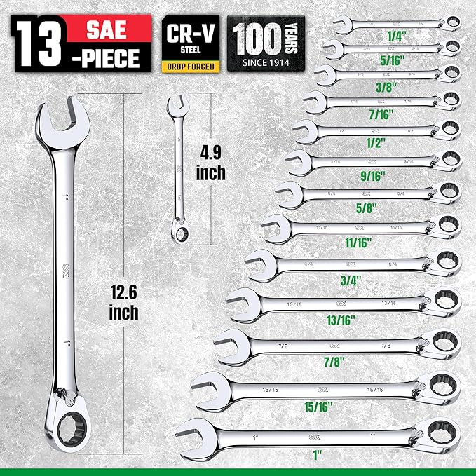 SK Reversible Ratcheting Wrench Set, Combination Wrench Set, 13-Piece, SAE 1/4" to 1", 72-Tooth, Premium CR-V Construction, with Rack Organizer