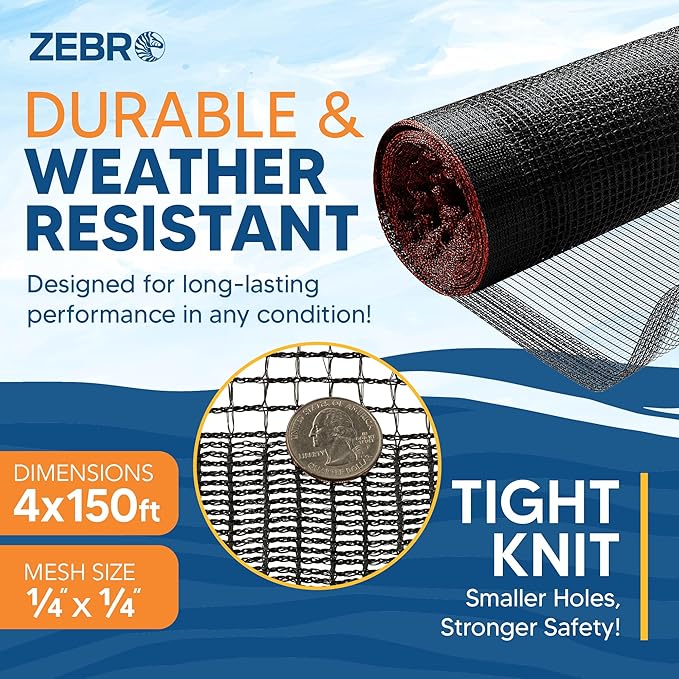 Fire Retardant Debris Safety Netting (8.6' x 150' - Black) - High Visibility Construction & Scaffolding & Railing & Elevator Netting for Enhanced Safety - Construction Fencing