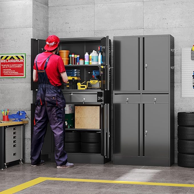 Metal Garage Storage Cabinet with Pegboards and Hooks,MetalTool Storage Cabinet with 2 Drawer and 2 Adjustable Shelves for Garage,Warehouse,Home,Office,School,Requires Installation,Black