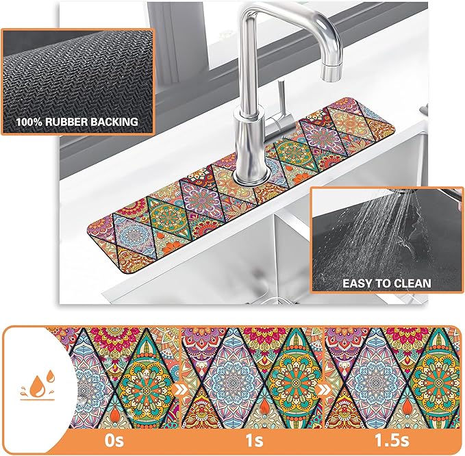 Kitchen Faucet Mat Bohemian Rug Texture Kitchen Sink Splash Guard Faucet Mat,1 PC Splash Guard Behind Faucet Drip Catcher for Kitchen,Sink Mat,Dish Drying Mat,Bathroom Faucet Mat 23.5"X5.5"