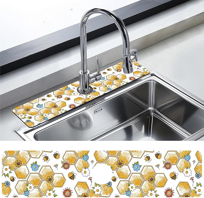 Kitchen Sink Splash Guard Faucet Mat Cute Bees and Honeycomb Sink Splash Guard Behind Faucet,1 PC Soft Diatom Mud Non-Slip Mat-for Kitchen,Dish Drying Mat,Bathroom Faucet Mat 23.5""X5.5""