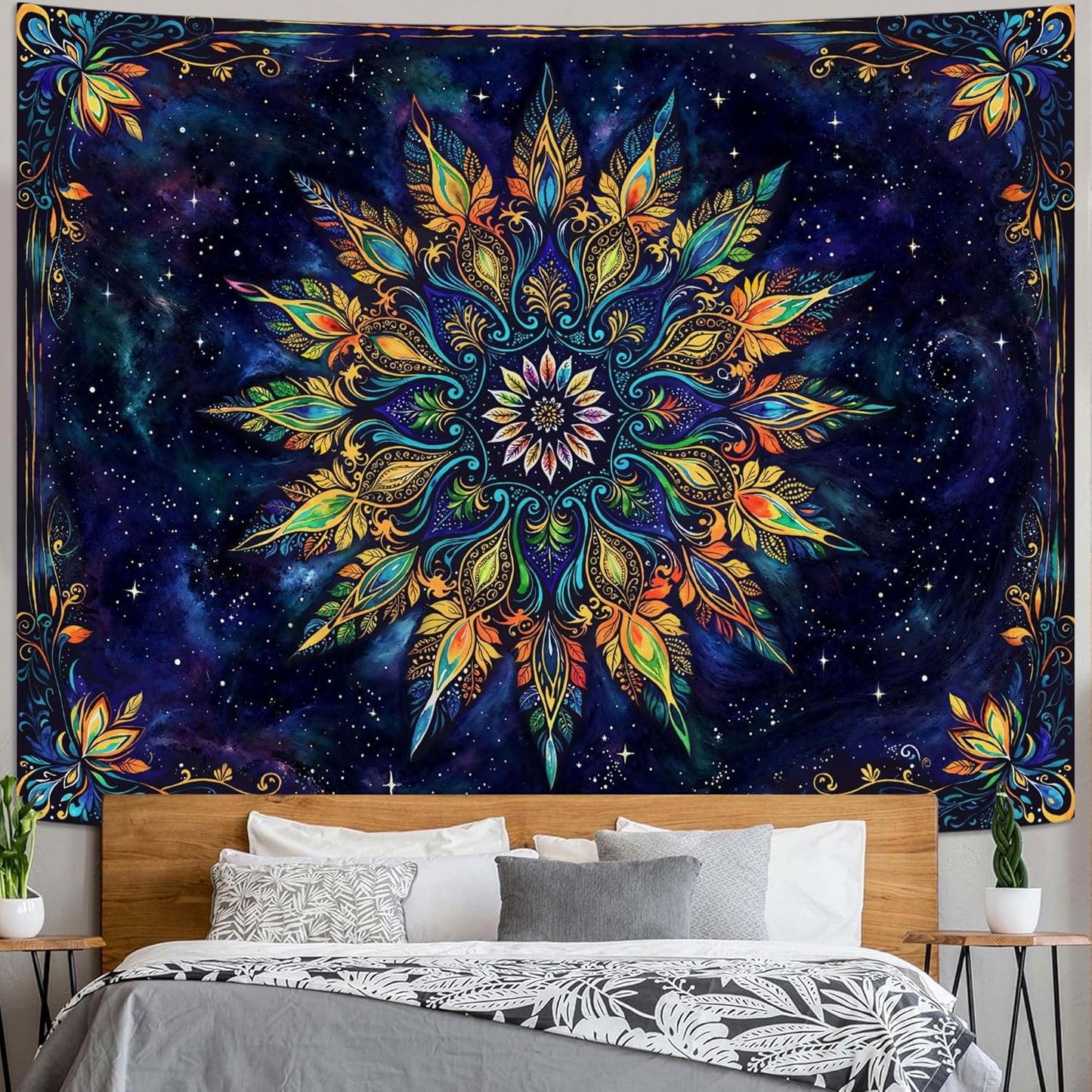Fowocu Boho Floral Mandala Tapestry for Bedroom Aesthetic Blue Bohemian Colorful Flower Wall Tapestry Purple Hippie Indian Large Tapestries Wall Hanging for Living Room Dorm Decor 80 x 60 Inch