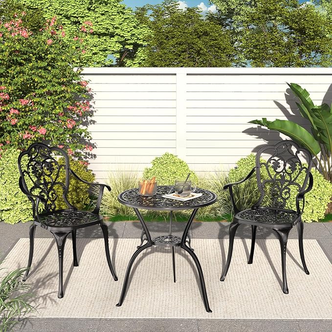 Patio Bistro Set of 2, Cast Aluminum, Outdoor Set w/Umbrella Hole, 3 Piece Table and Chairs Set, Bistro Set for Backyard/Garden/Lawn, Black