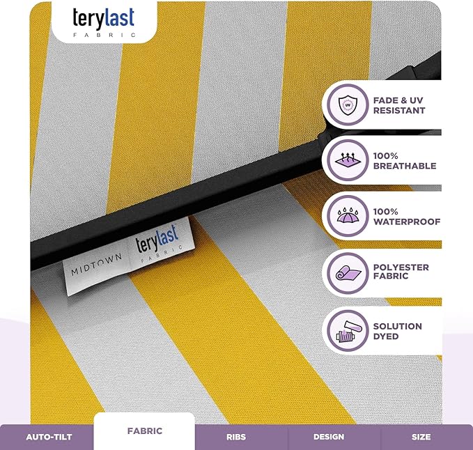 Midtown Umbrellas 10-Year-No-Fade - 10 Feet outdoor umbrella Terylast White/Yellow Stripes Polyester Fabric - Auto-Tilt Aluminum Frame Patio Umbrella For Deck, Garden, Pool - Black Pole