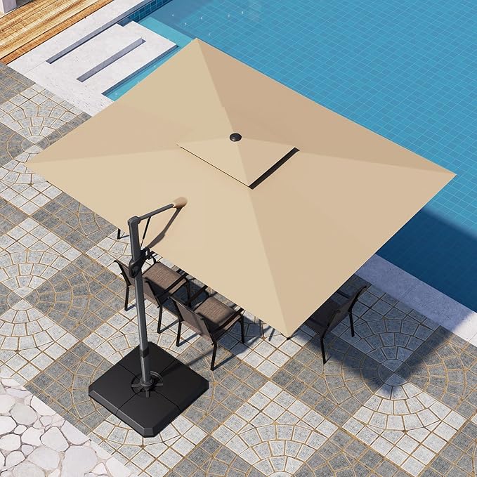 PHI VILLA 9’ x 12’ Cantilever Patio Umbrella with Base, Outdoor Rectangular Heavy Duty Large Umbrella with Hydraulic Lift and 360° Rotation, Beige