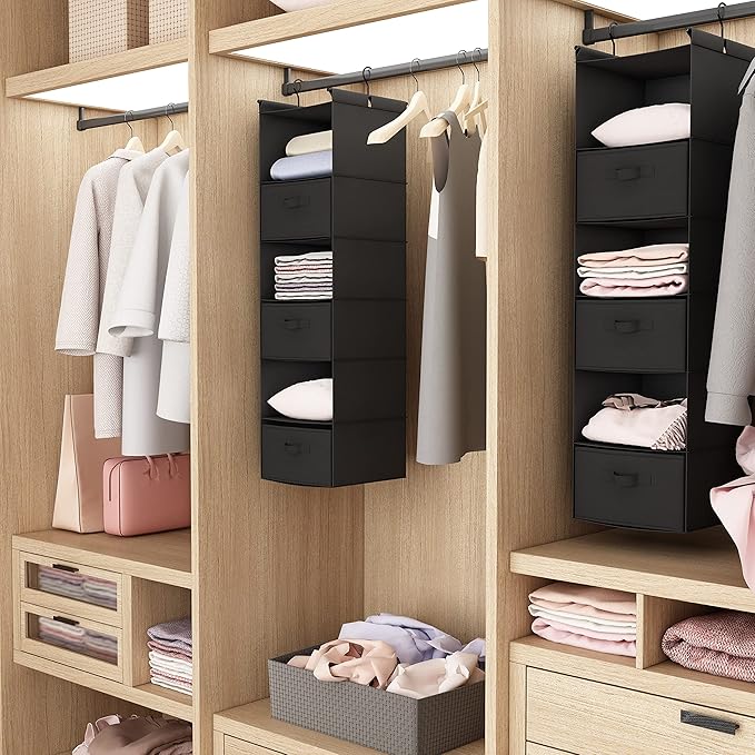 MAX Houser 6 Tier Shelf Hanging Closet Organizer, Closet Hanging Shelf with 2 Sturdy Hooks for Storage, Foldable (Black-D3)