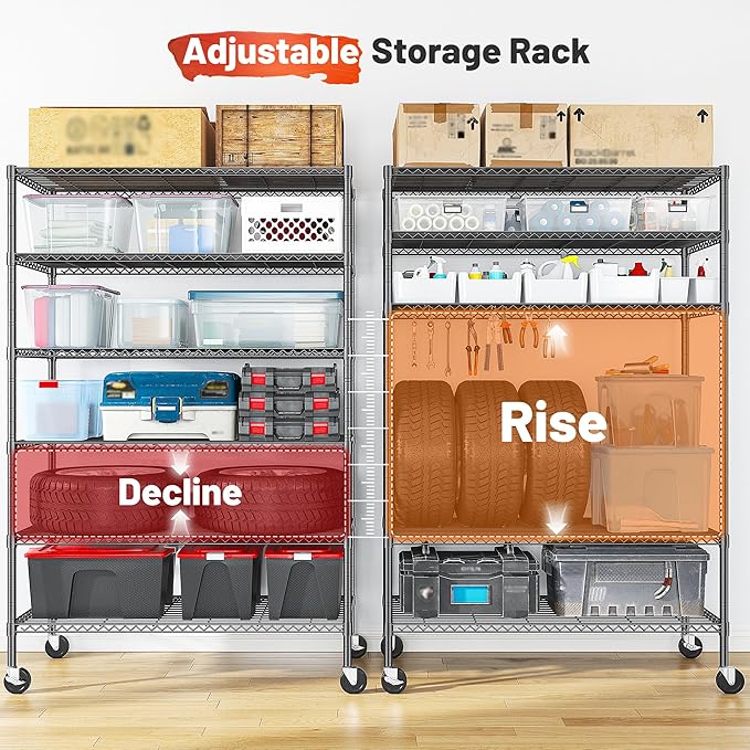 82" H X45 W X18 D Storage Shelves with Wheels, 6 Tier Wire Shelving Adjustable Metal Shelving Pantry Shelves Capacity 1200LBS for Garage Shelving, Pantry, Kitchen, Closet, Commercial, Black