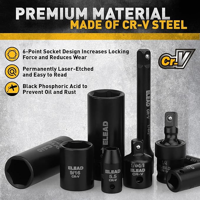 ELEAD 1/4" Drive Impact Socket Set, 56-Piece Standard SAE (5/32 to 9/16 inch) and Metric (4-15mm) Size, Deep & Shallow, 6 Point, Cr-V, 72-Tooth Ratchet Handle, Extension Bar, Universal Joint