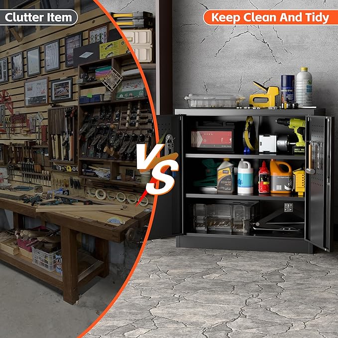 Metal Storage Cabinets with Pegboards and Hooks, 31.5" H Metal Garage Cabinets with Locking Doors and 2 Adjustable Shelves for Home,Office,Garage,School,Assembly Required,Black