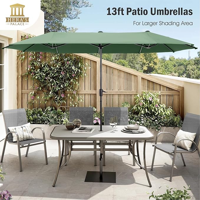 HERA'S PALACE 13 ft Double-Sided Twin Outdoor Market Patio Umbrella with Crank Large Table Umbrella for Deck Market Backyard Powerful UV Protective, Mint