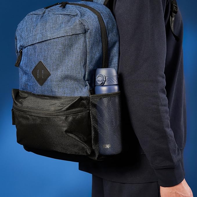 ION8 Steel Water Bottle, 600 ml/20 oz, Leak Proof, Easy to Open, Secure Lock, Dishwasher Safe, Flip Cover, Fits Cup Holders, Carry Handle, Durable, Scratch Resistant, Carbon Neutral, Navy Blue