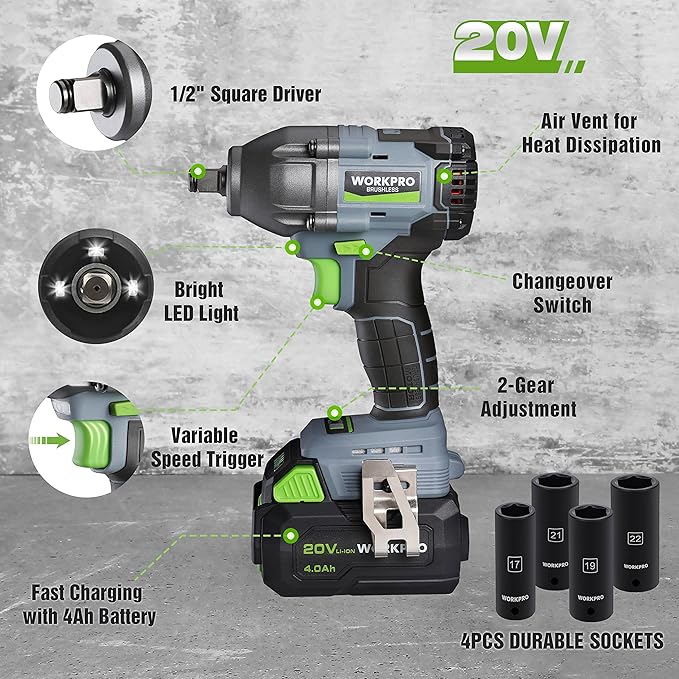 WORKPRO Cordless Impact Wrench 1/2 inch, 20V Brushless Impact Gun, High Torque 370 Ft-Lbs (500N.M), Variable Speeds, with 4.0 Ah Battery, Fast Charger, 4 Impact Sockets and Storage Case
