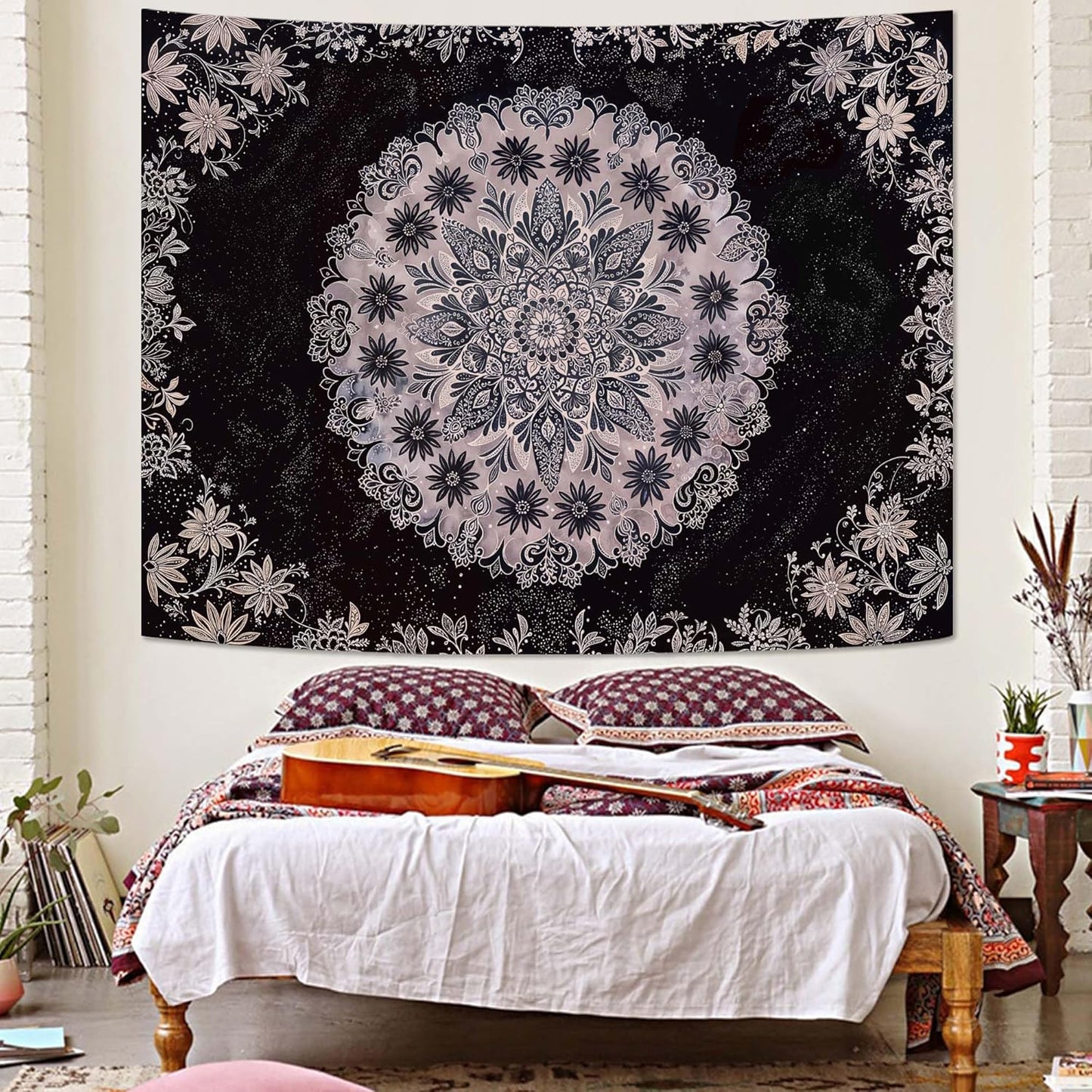 Fowocu Boho Floral Mandala Tapestry Wall Hanging Grey Bohemian Flower Medallion Tapestry Aesthetic Gray Black Hippie Indian Small Tapestries for Bedroom Living Room Dorm Decor 40 x 30 Inch
