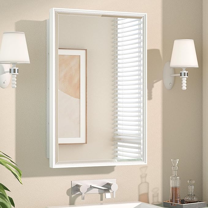 Keonjinn 17" x 25" White Medicine Cabinet with Mirror, Recessed or Surface Wall-Mounted Aluminum Alloy Framed Beveled Mirror, Single Door Farmhouse Bathroom Cabinet with Storage