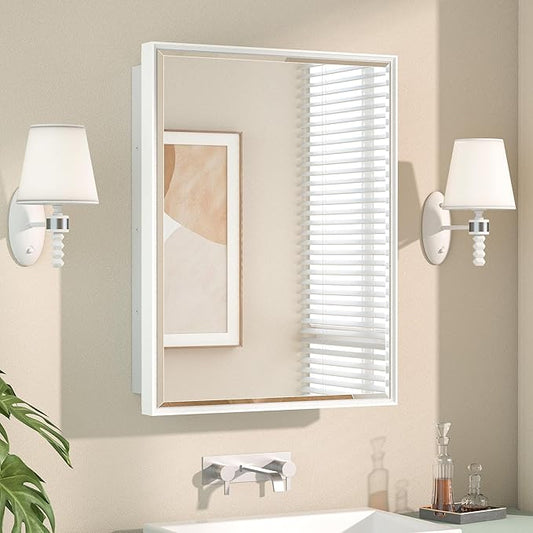 Keonjinn 21" x 27" White Medicine Cabinet with Mirror, Recessed or Surface Wall-Mounted Aluminum Alloy Framed Beveled Mirror, Single Door Farmhouse Bathroom Cabinet with Storage