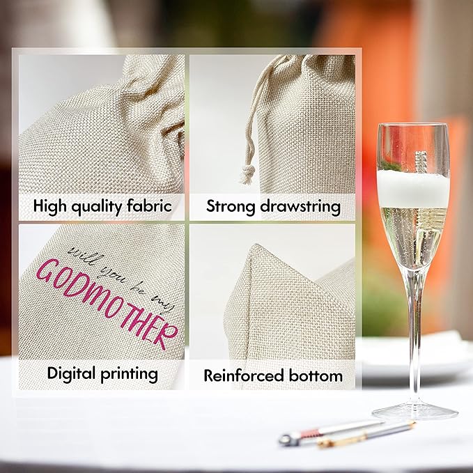 Godmother Wine Gift Bags - Gift for Godmother, Aunt, Godparent, Baptism - Reusable Burlap With Drawstring Gift Bag (5.5"x 13.5")-1 Pcs/jiu071