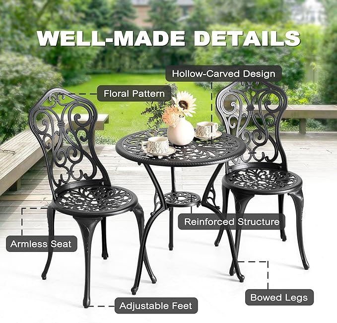 NUU GARDEN 3 Pieces Patio Bistro Set, Round Table with Umbrella Hole, Outdoor Bistro Set with 2 Chairs, All-Weather Outdoor Patio Bistro Set for Garden, Lawn, Poolside, Porch, Black