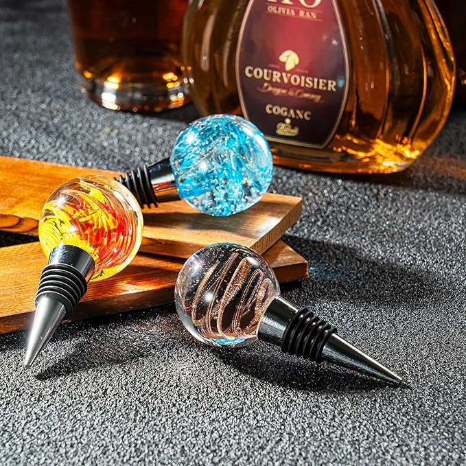 Murano Glass Wine Stopper Bottle Stopper - Wine Saver, Reusable Wine Corks for Beverage, Stainless Steel Wine Stopper For Gifts, Bar, Holiday Party, Wedding